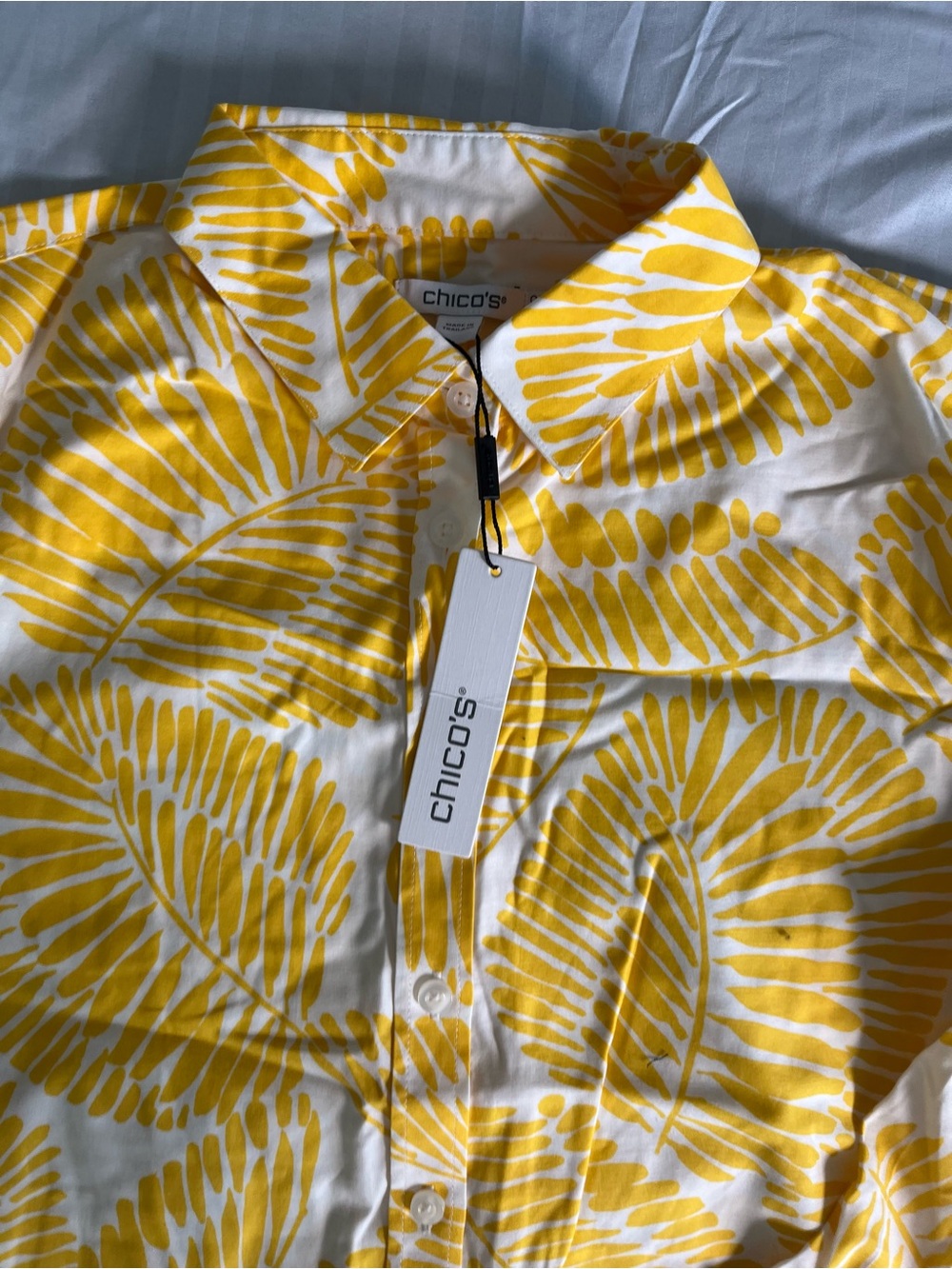 Chico's White and Yellow Tropical Leaf Button-Up Shirt